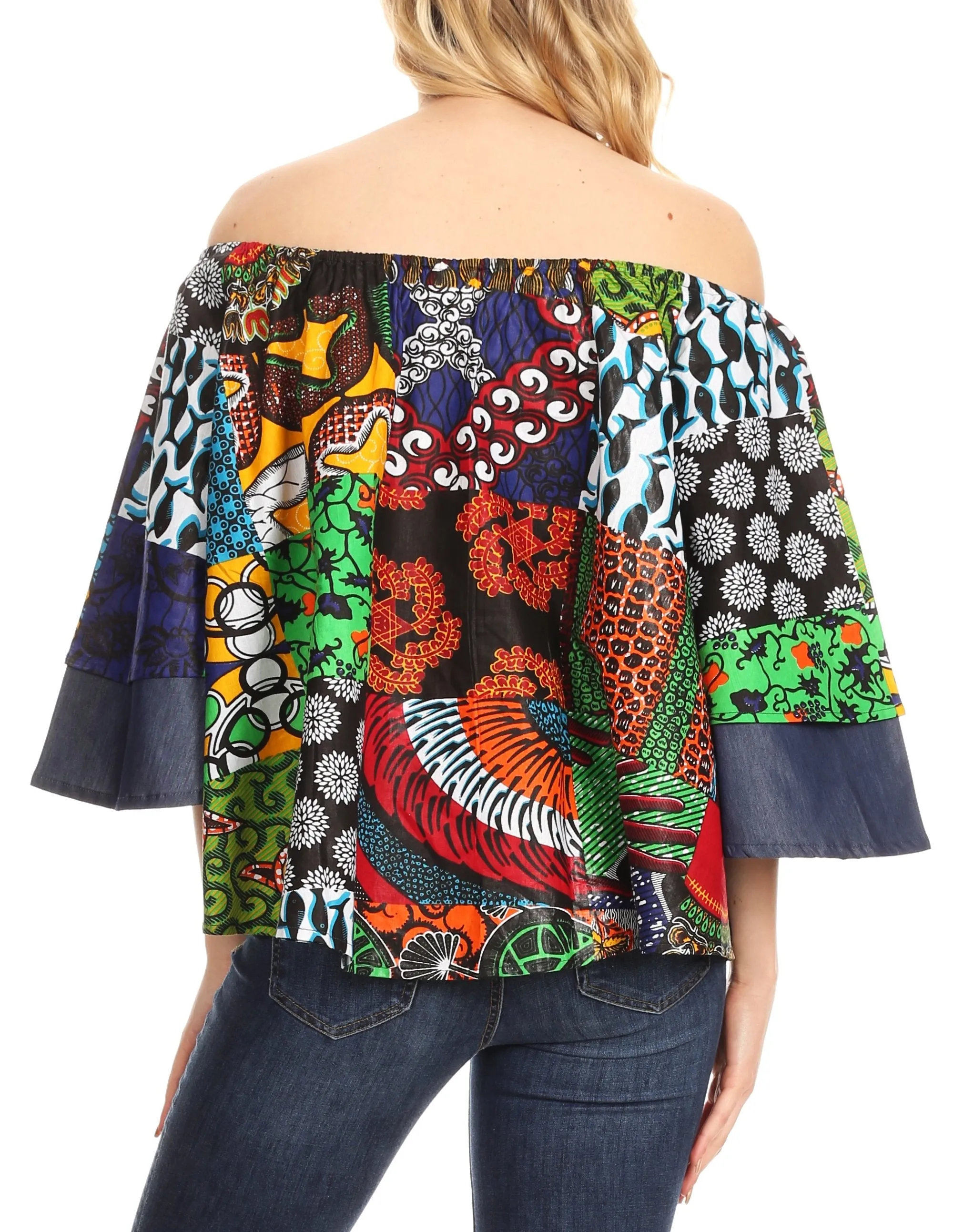 Sakkas Desta Off-shoulder Tent Top Blouse on Chambray and Wax African Ankara Print