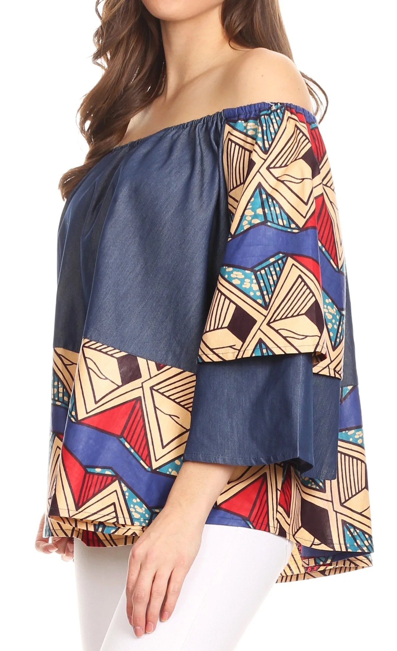 Sakkas Desta Off-shoulder Tent Top Blouse on Chambray and Wax African Ankara Print