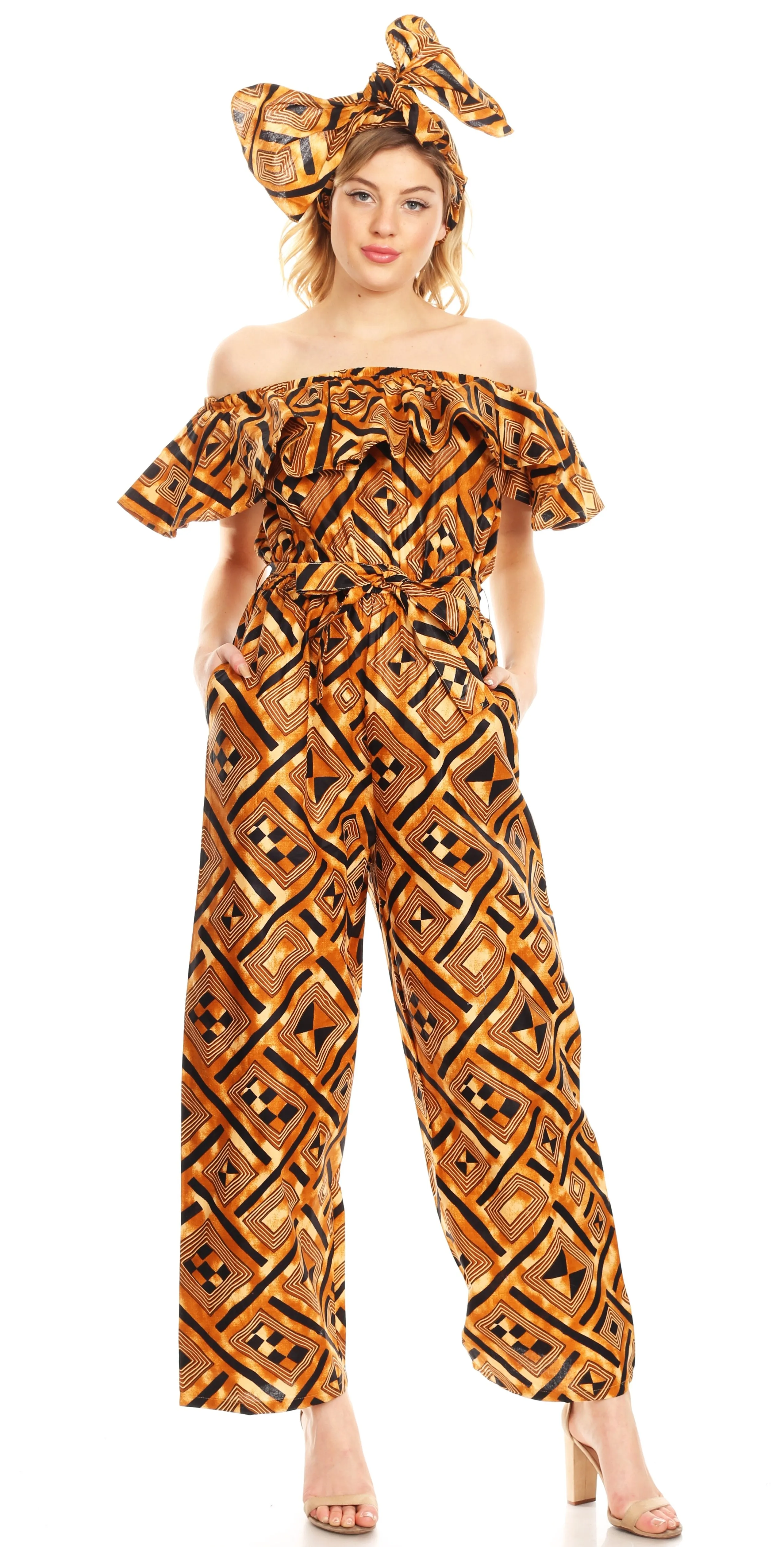 Sakkas Lelisa Ruffle Off-shoulder Long Jumpsuit w/pockets Wax African Ankara Dutch