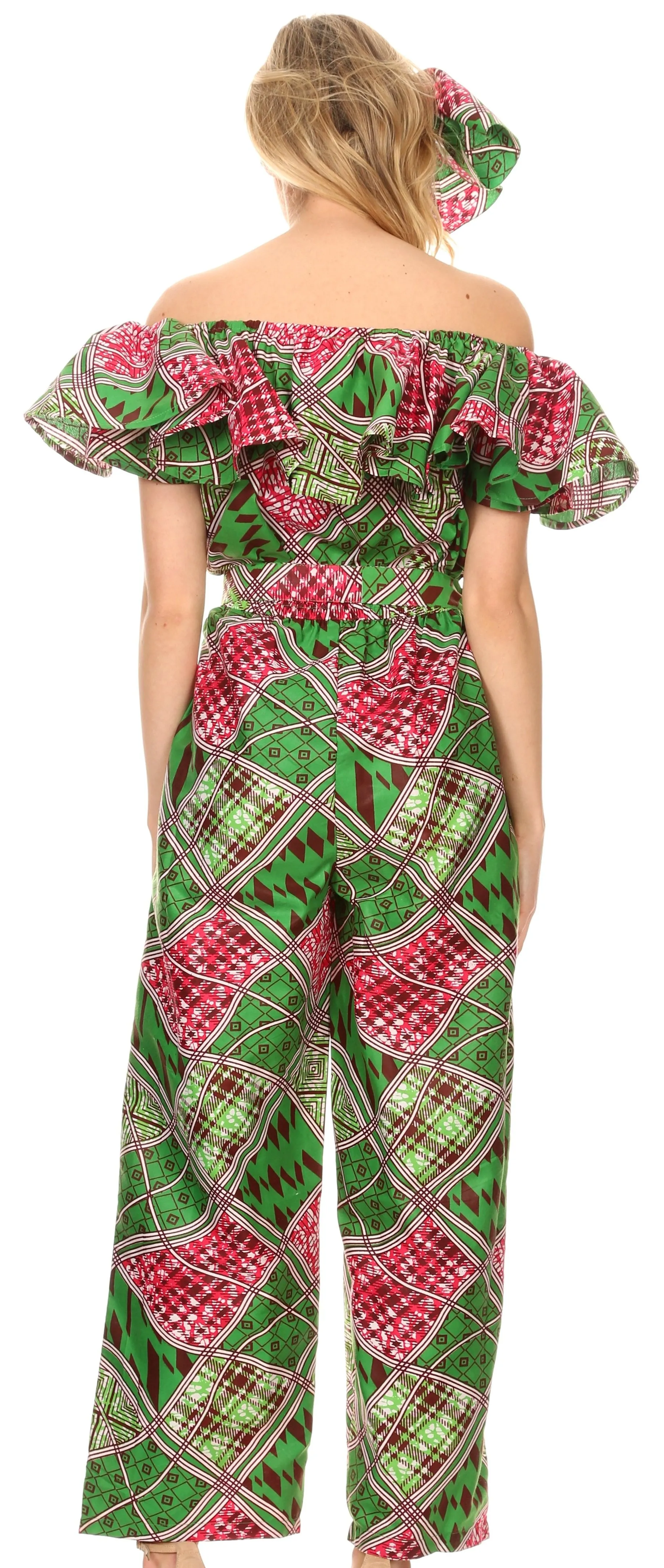 Sakkas Lelisa Ruffle Off-shoulder Long Jumpsuit w/pockets Wax African Ankara Dutch