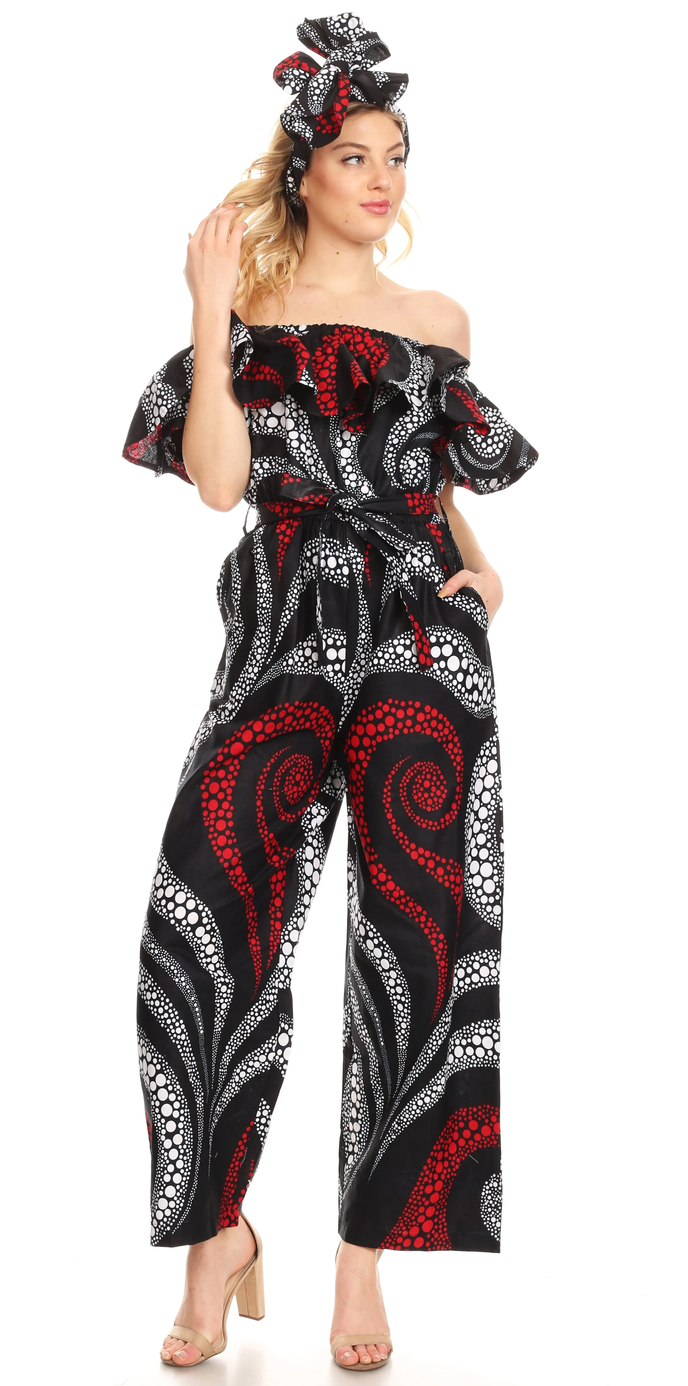 Sakkas Lelisa Ruffle Off-shoulder Long Jumpsuit w/pockets Wax African Ankara Dutch