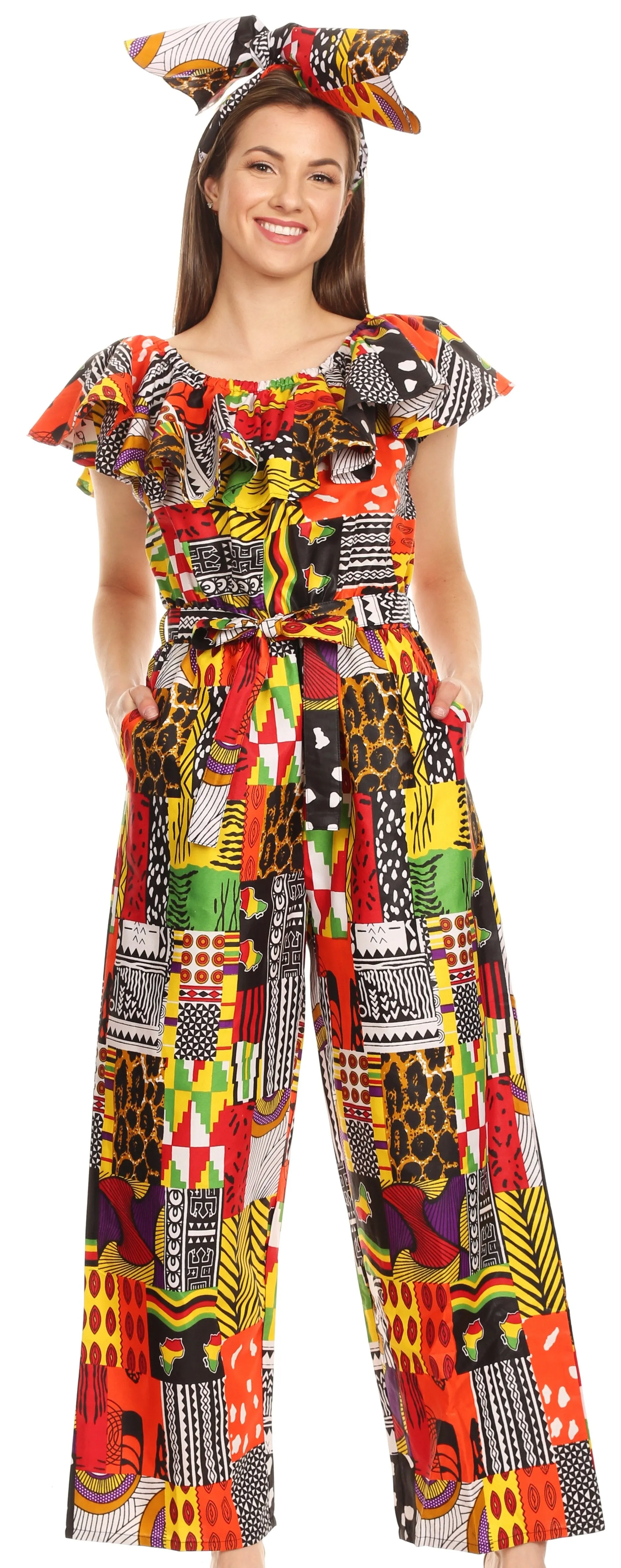 Sakkas Lelisa Ruffle Off-shoulder Long Jumpsuit w/pockets Wax African Ankara Dutch