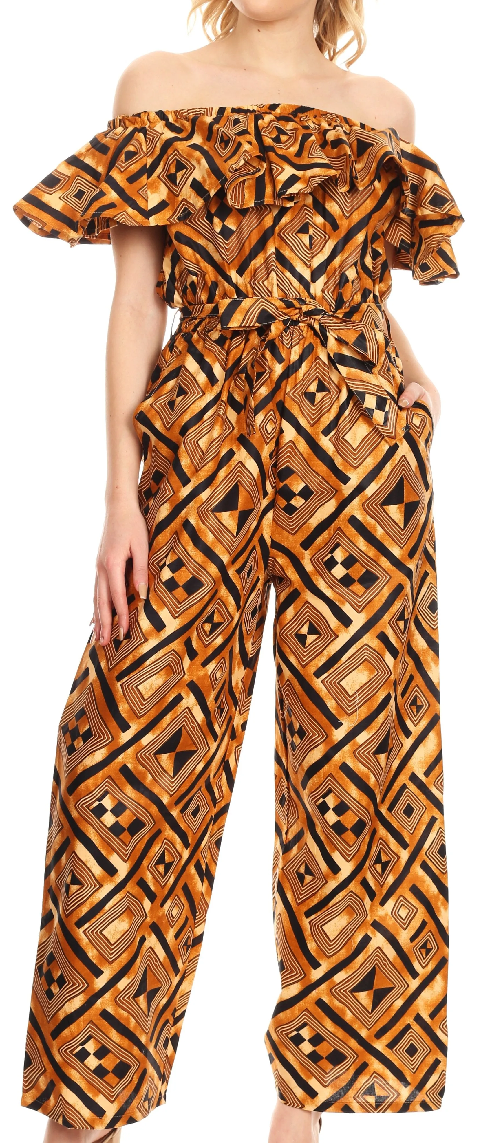 Sakkas Lelisa Ruffle Off-shoulder Long Jumpsuit w/pockets Wax African Ankara Dutch