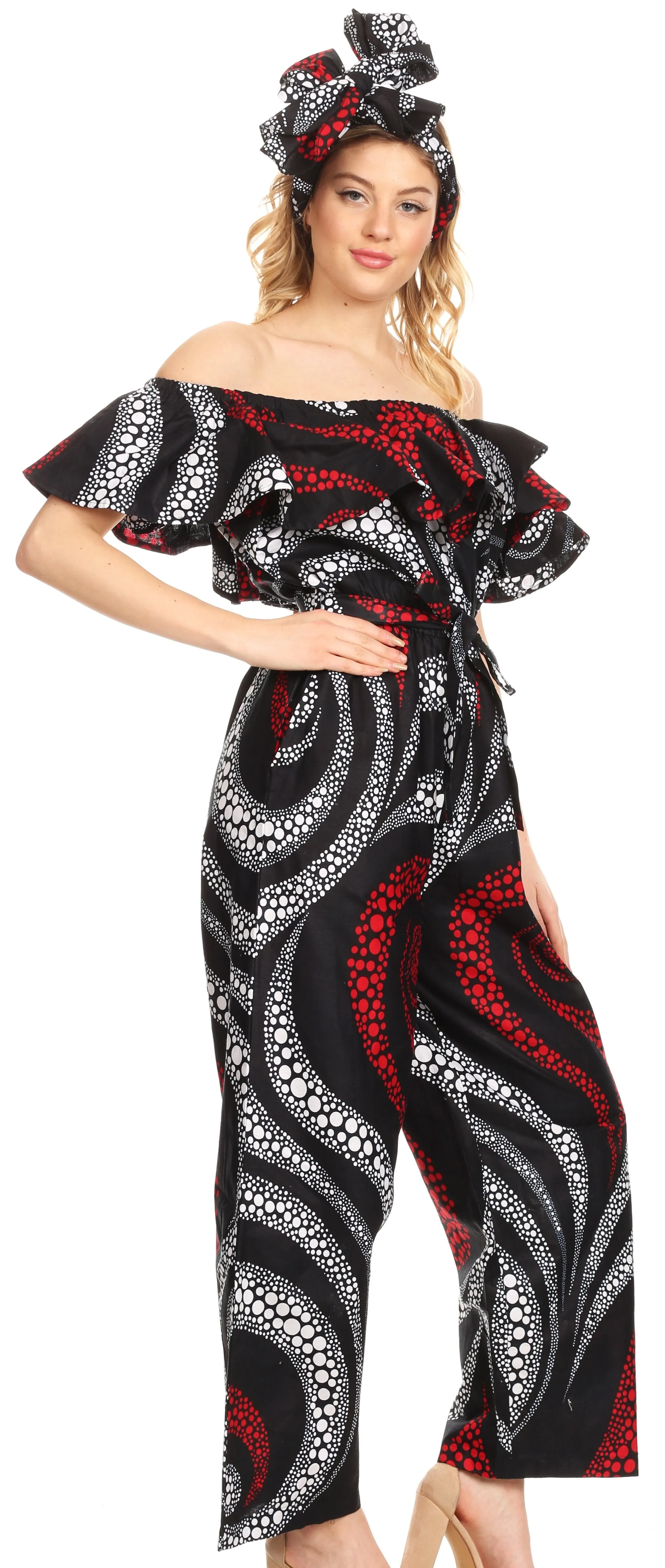 Sakkas Lelisa Ruffle Off-shoulder Long Jumpsuit w/pockets Wax African Ankara Dutch