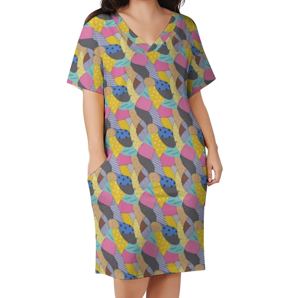 Sally's Dress Women's V-neck Loose Dress With Pockets