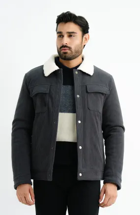 SHERPA-COLLARED SUEDE-EFFECT JACKET