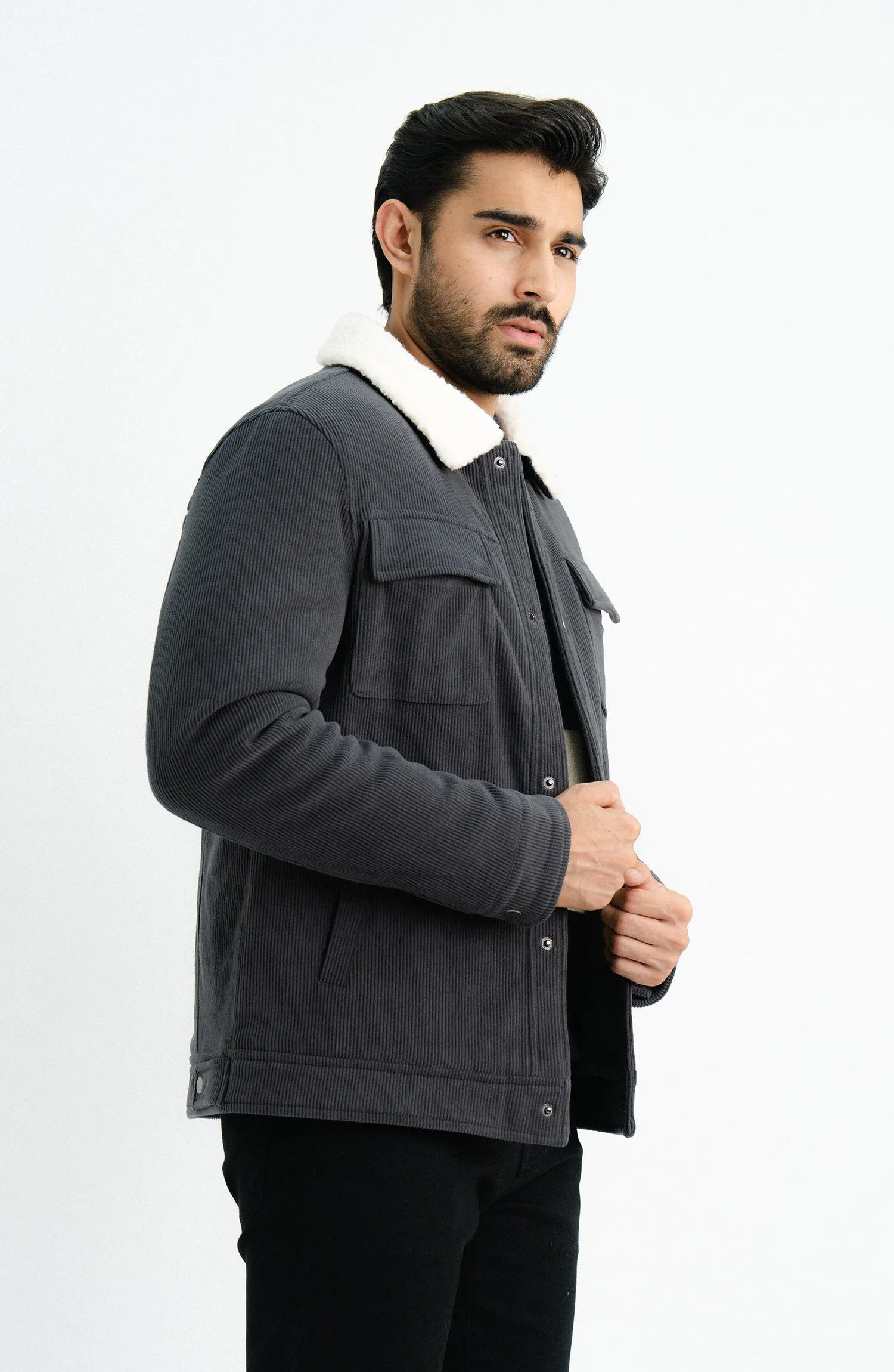 SHERPA-COLLARED SUEDE-EFFECT JACKET