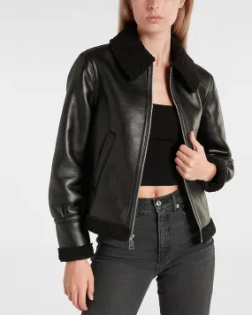 Sherpa Lined Faux Leather Jacket in Pitch Black