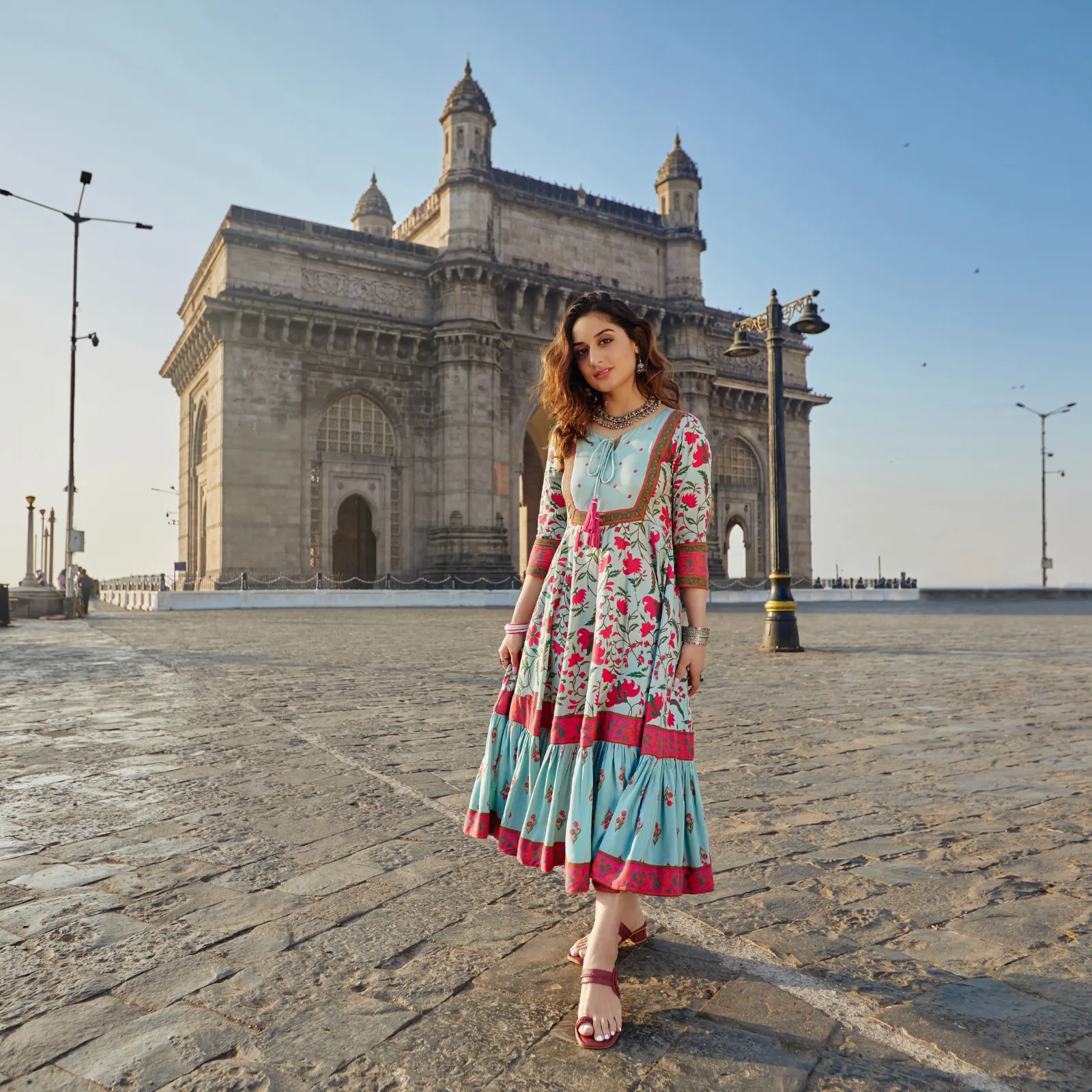 Sky Blue Floral Dress With Hem Details