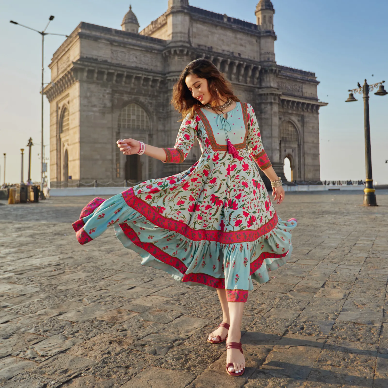 Sky Blue Floral Dress With Hem Details