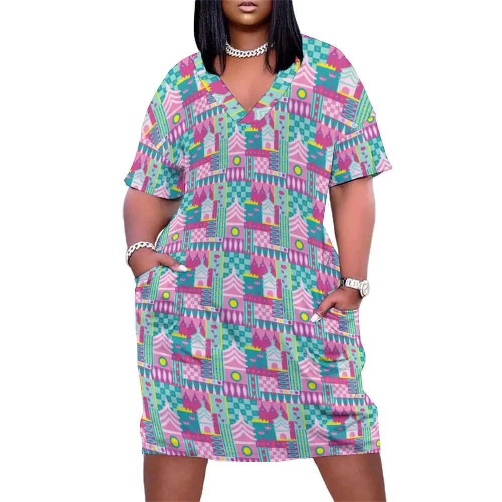 Small World Women's V-neck Loose Dress With Pockets