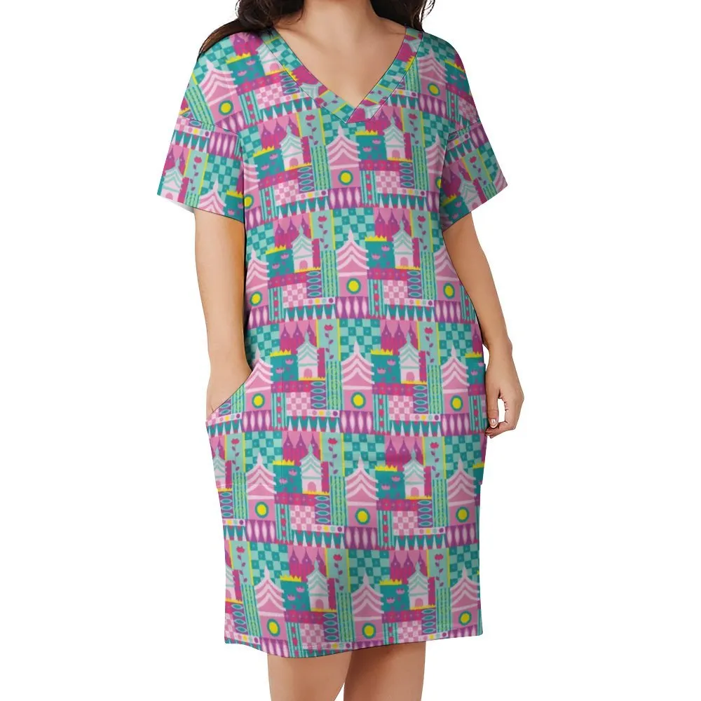 Small World Women's V-neck Loose Dress With Pockets