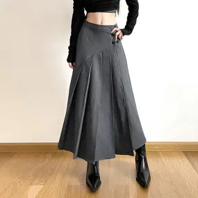 Solid Patchwork Button Casual Minimalist Skirts For Women High Waist Spliced Pleated Elegant Skirt Female Fashion