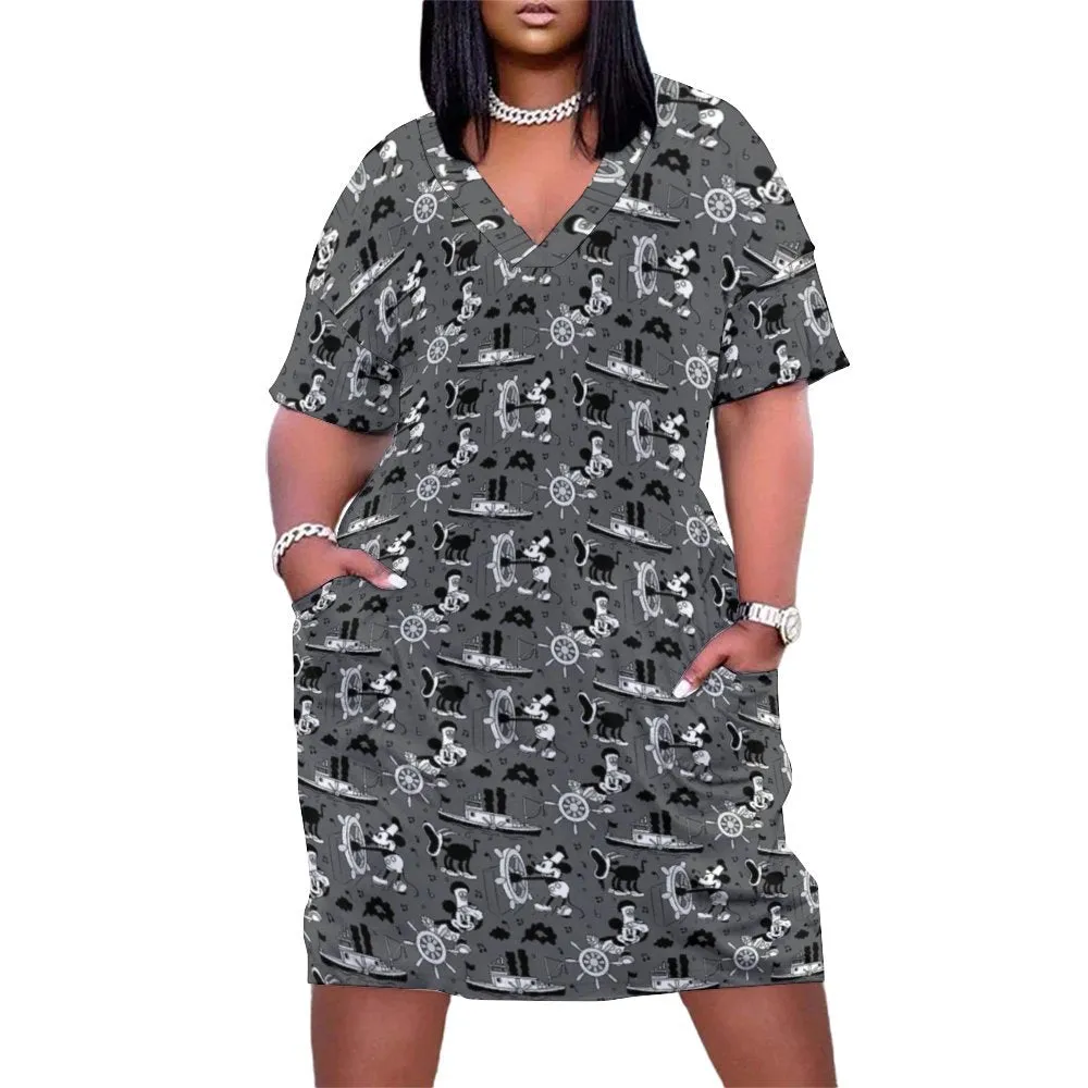 Steamboat Mickey Women's V-neck Loose Dress With Pockets