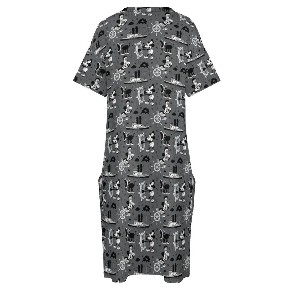 Steamboat Mickey Women's V-neck Loose Dress With Pockets