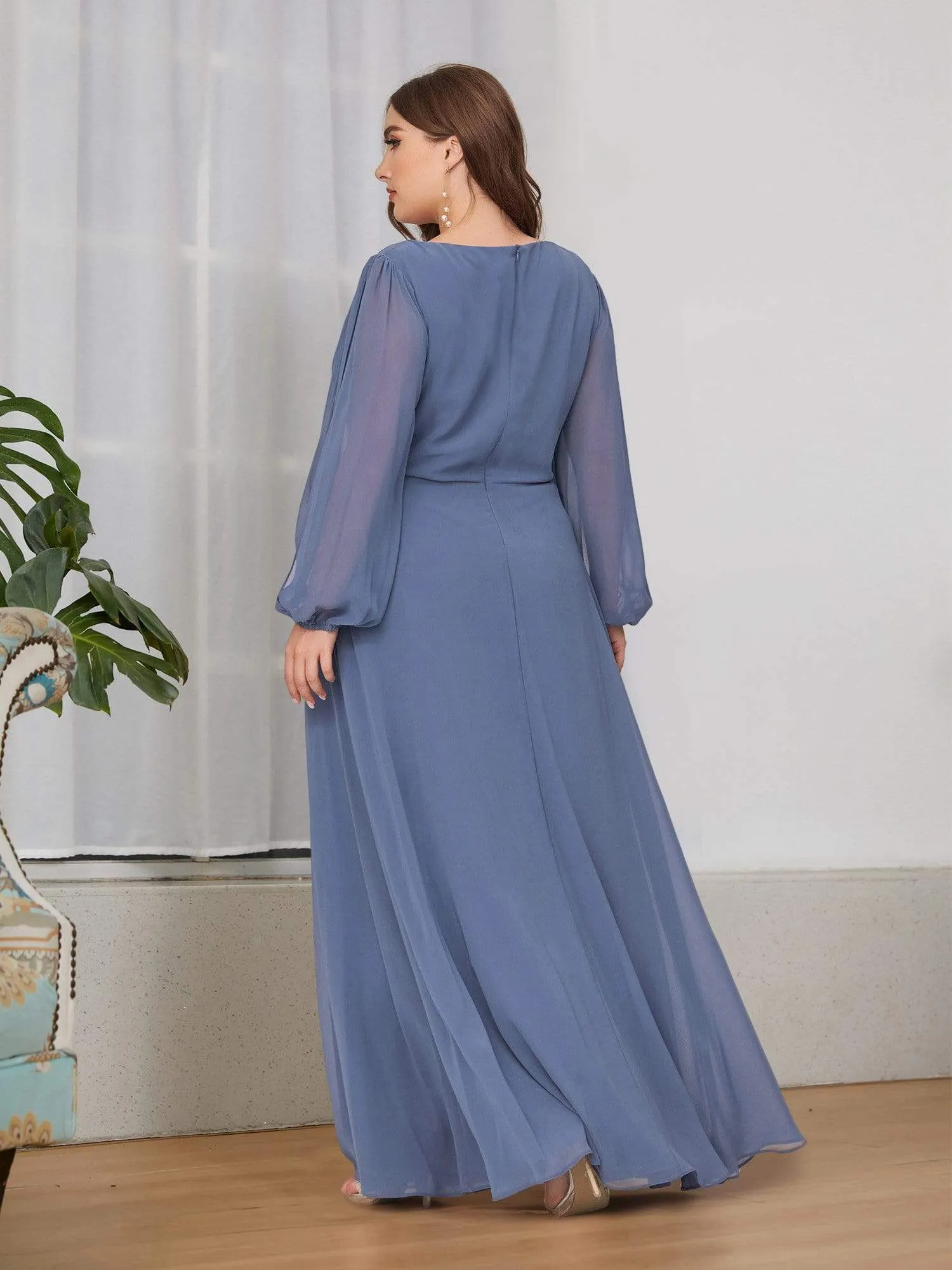 Stylish Chiffon Plus Size Evening Dresses with Long Lantern Sleeves