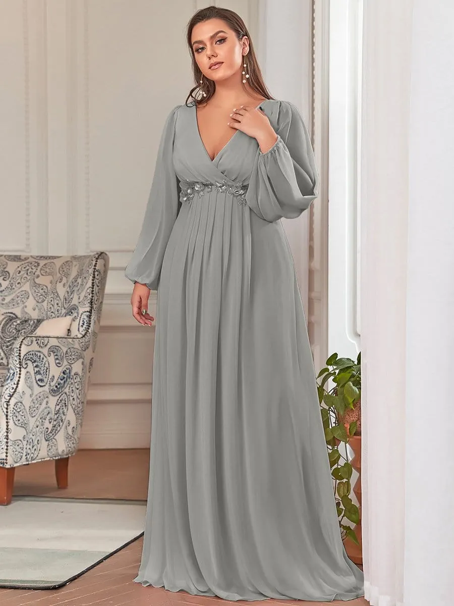 Stylish Chiffon Plus Size Evening Dresses with Long Lantern Sleeves