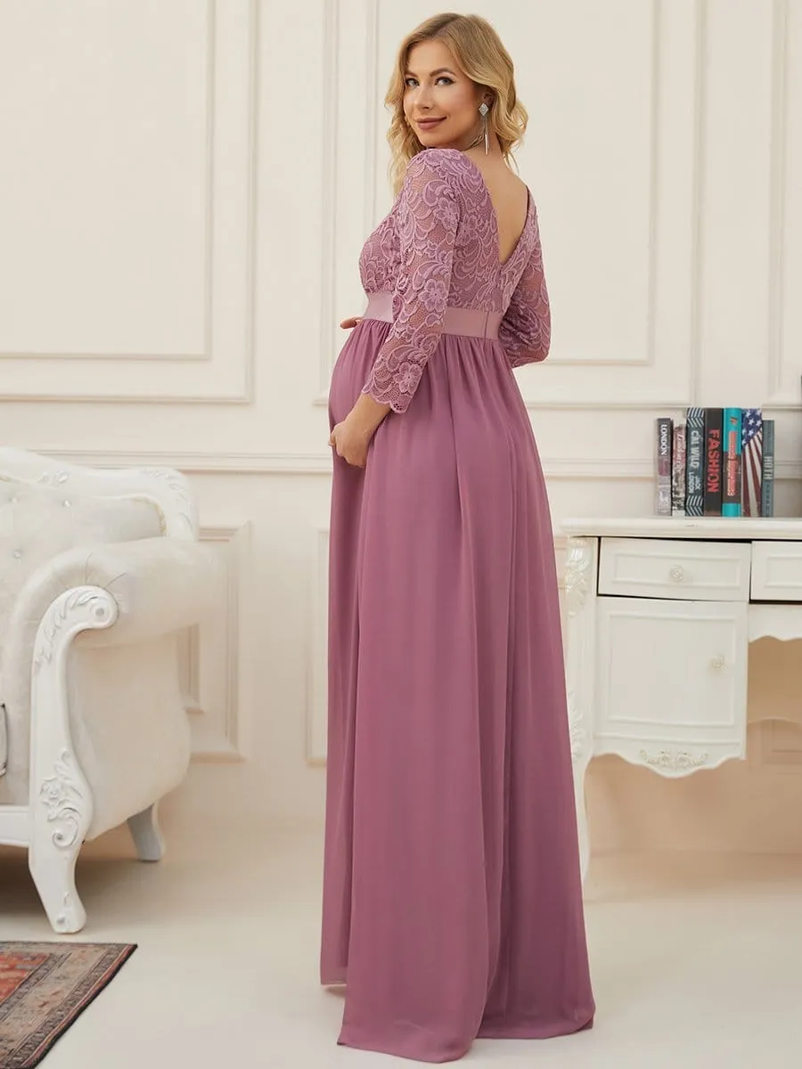 Sweetheart 3/4 Sleeve Floor-Length Lace Bump Friendly Dress