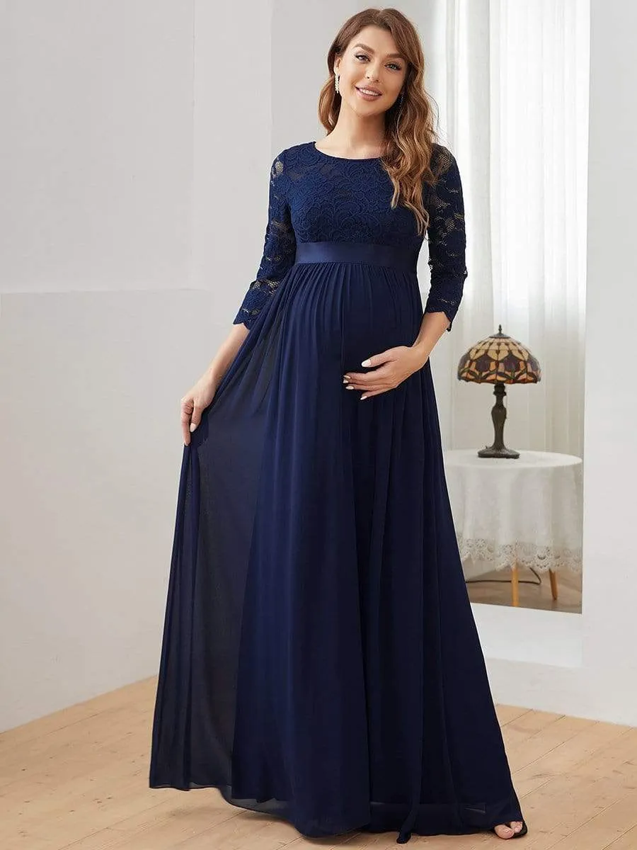 Sweetheart 3/4 Sleeve Floor-Length Lace Bump Friendly Dress