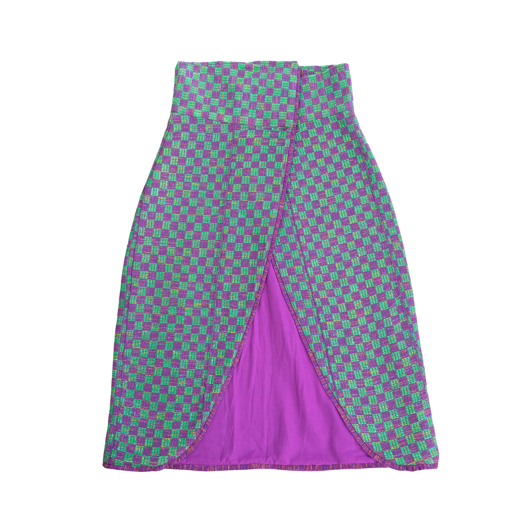 The Elsa II purple and green asymmetrical open-wrap skirt