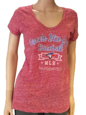 Toronto Blue Jays SAAG Women Red Loose Soft Baseball V-Neck T-Shirt