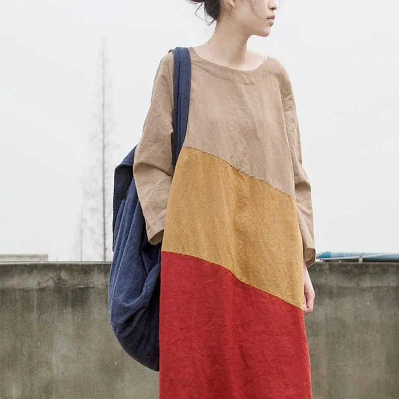 Tricolor Long Sleeve Patchwork Ramie Dress | Lotus