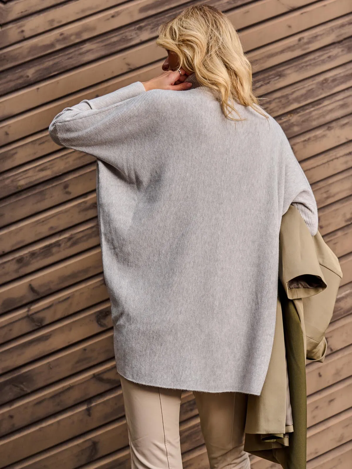 Turtleneck Batwing Fine Knit Jumper, Light Grey