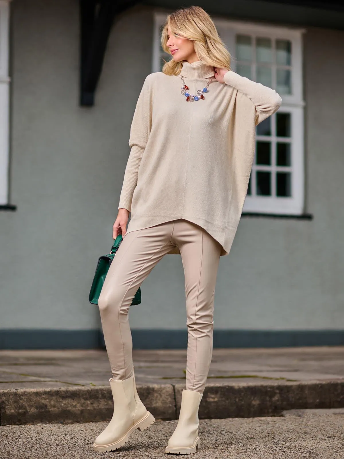 Turtleneck Batwing Fine Knit Jumper, Stone