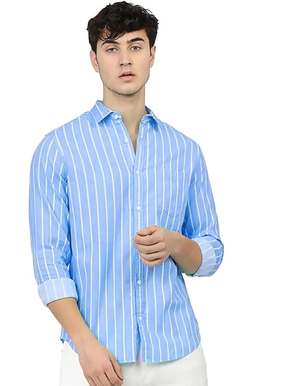 U-TURN Men's Cotton Solid Formal/Semi Formal Slim Fit Shirt (Lightblue, Medium)