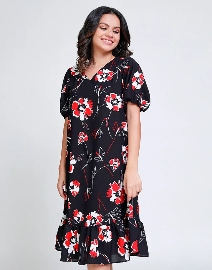 V-Neck Dress with Frilled Hem