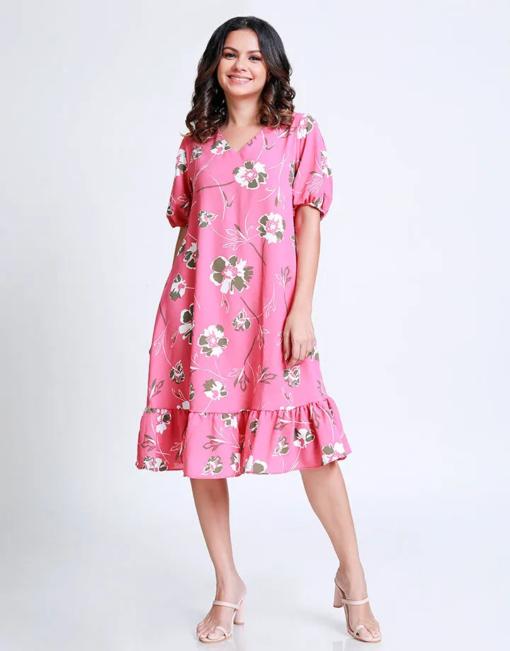 V-Neck Dress with Frilled Hem