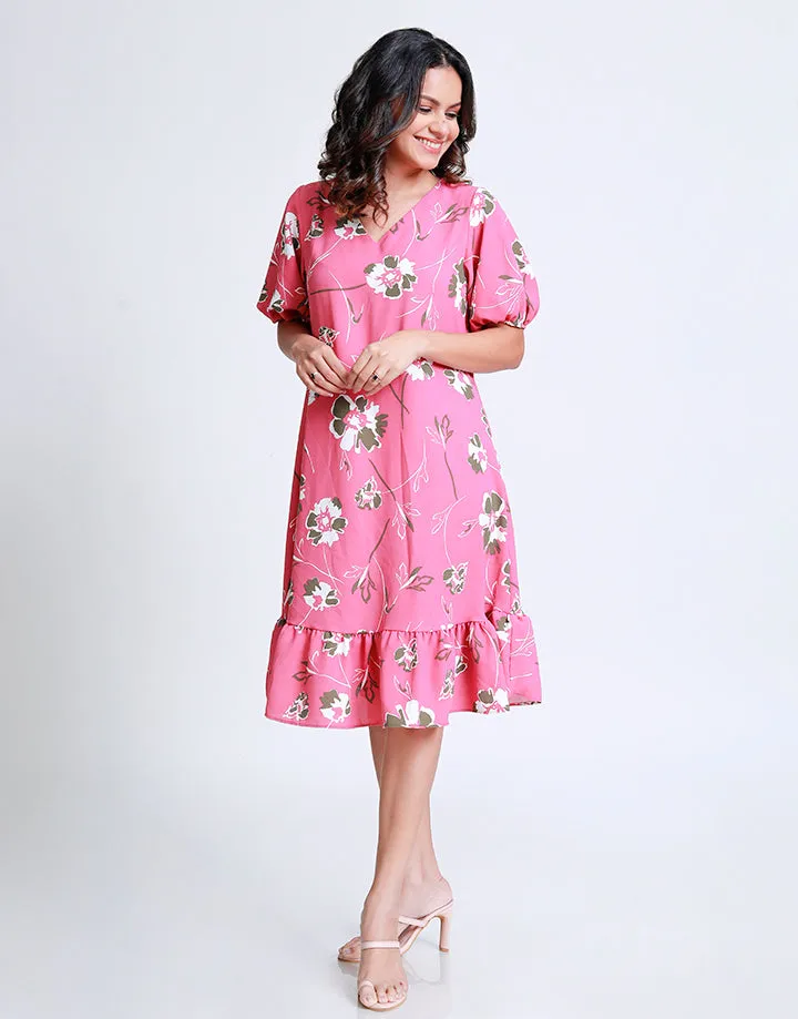 V-Neck Dress with Frilled Hem