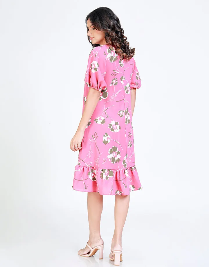 V-Neck Dress with Frilled Hem