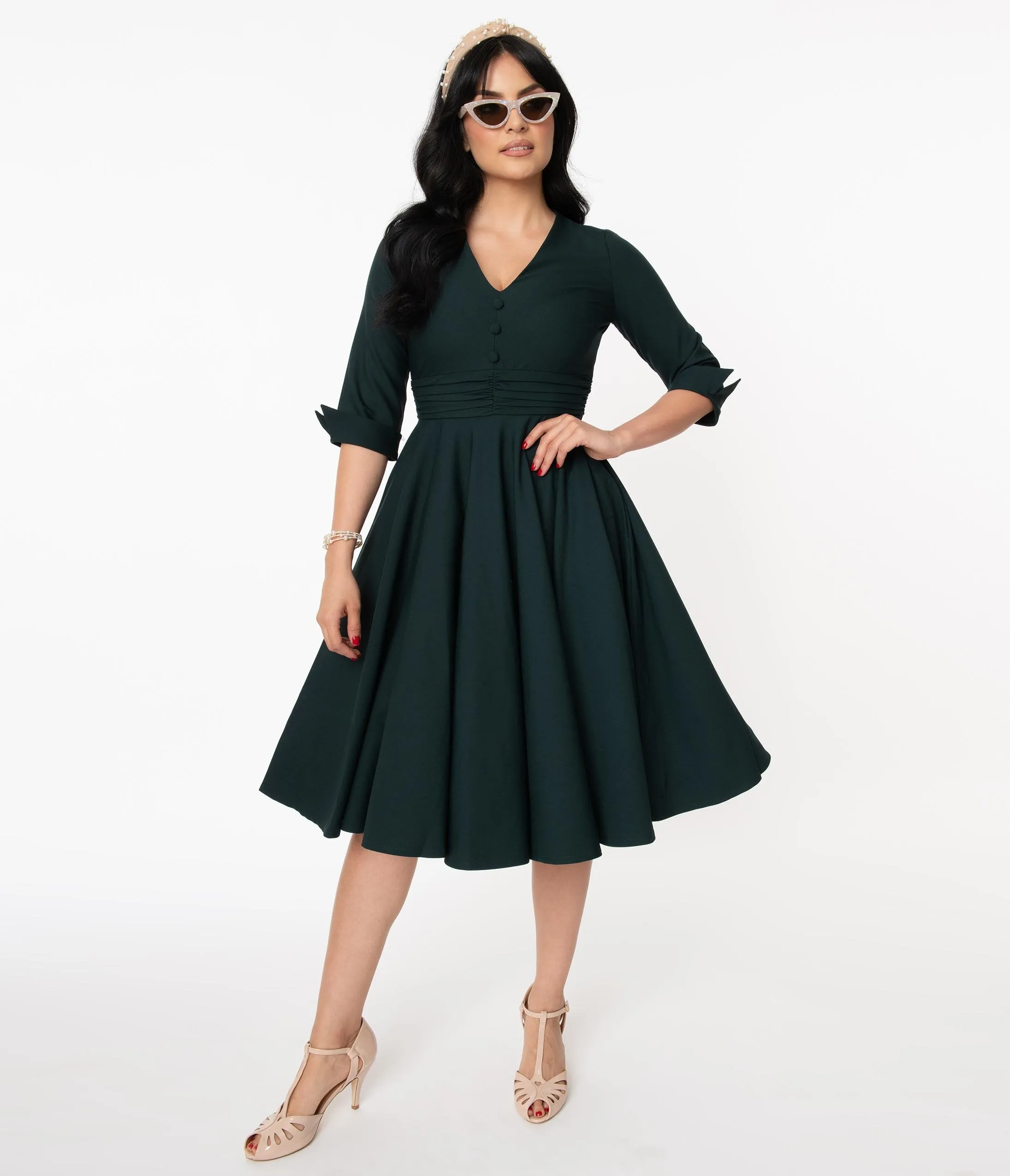 Vintage Diva 1950s Dark Emerald Judy Swing Dress