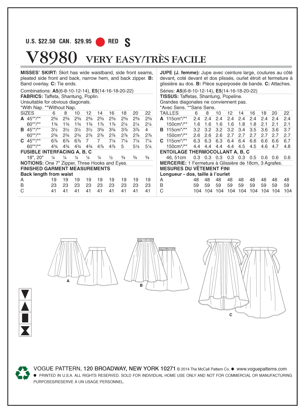 Vogue Pattern V8980 Misses' Skirt