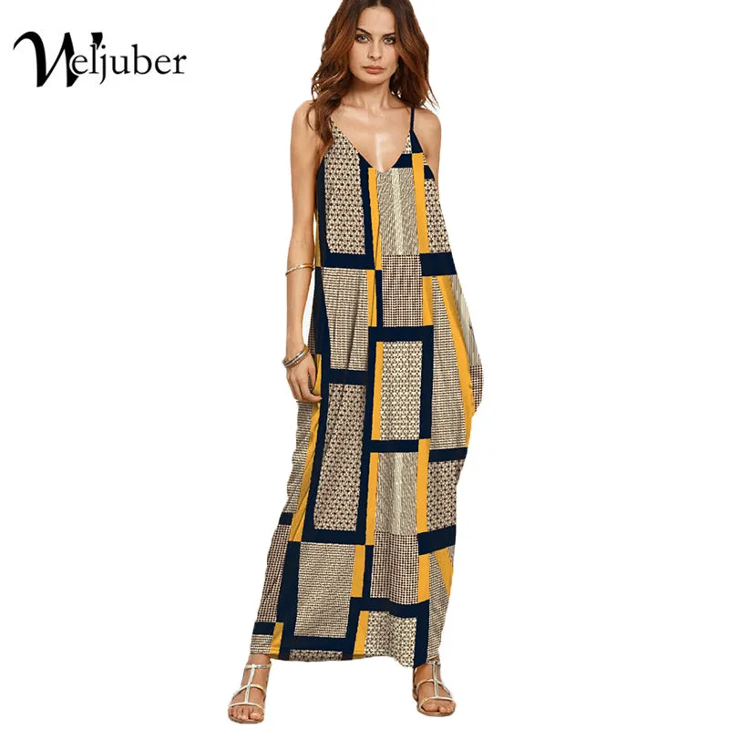 Weljuber Long Maxi Dress 2017 Women Boho Vestidos Summer Strap Dress Beach Wear Strap Deep V Neck Sleeveless Dresses