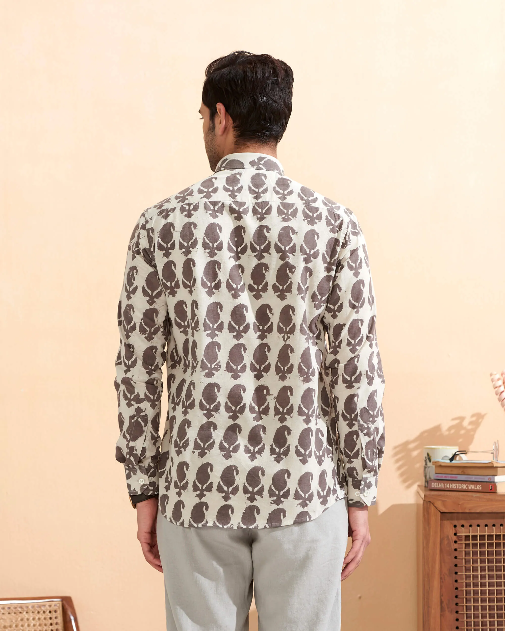 White Full Sleeve Cotton Hand Block Printed Men's Shirt