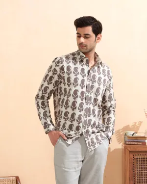 White Full Sleeve Cotton Hand Block Printed Men's Shirt