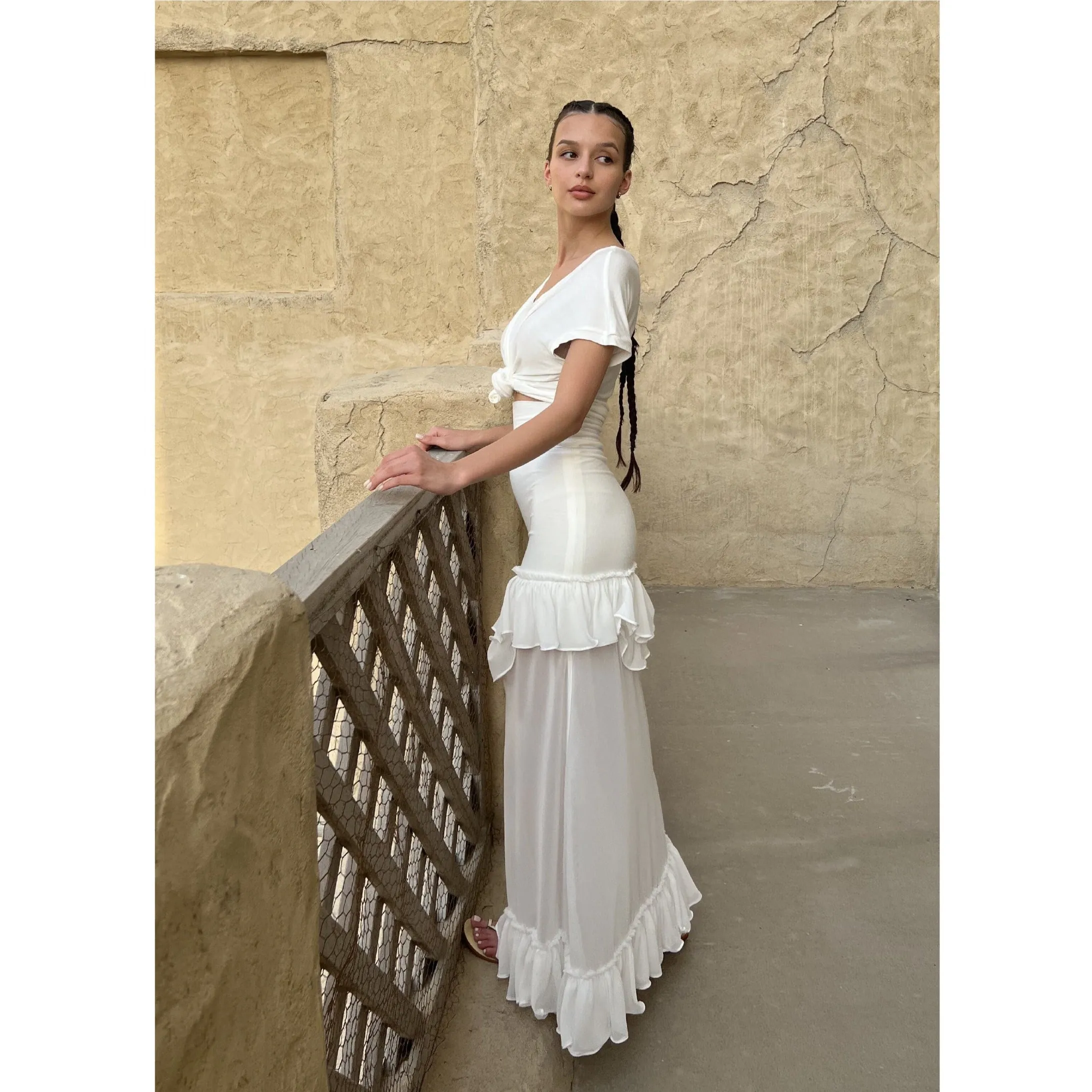 White Modal Jersey and Chiffon  Ruffle Skirt