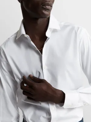 White Stretch Twill Fitted Single Cuff Classic Collar Shirt