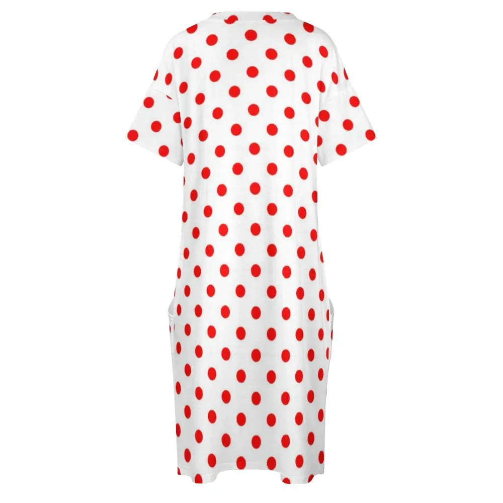 White With Red Polka Dots Women's V-neck Loose Dress With Pockets