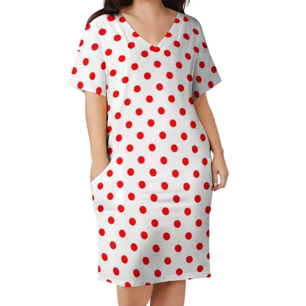 White With Red Polka Dots Women's V-neck Loose Dress With Pockets