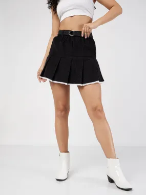 Women Black Corduroy Pleated Mini Skirt