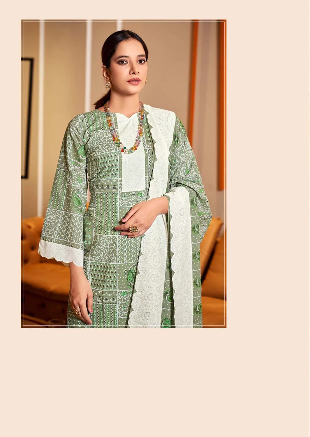 Women Unstitched Printed Pure Cotton Pista Green Suit Dress Material