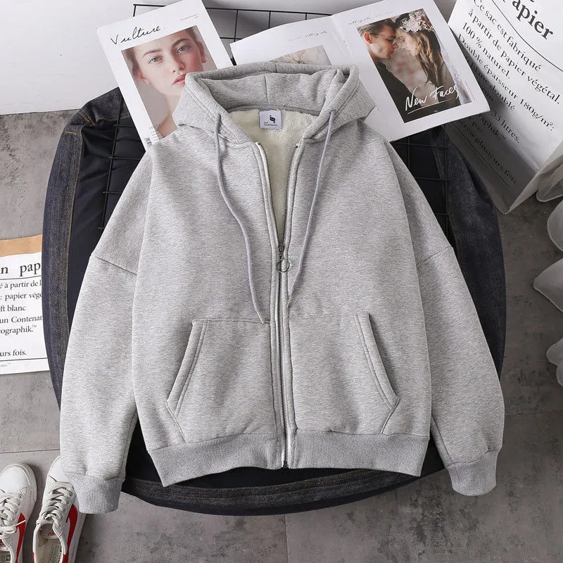 Women Winter Hoodies Coat Plush Jackets Solid Color Velvet Thick Warm Coat Zipper Sweatshirt Tops Winter Plus Size Outwear