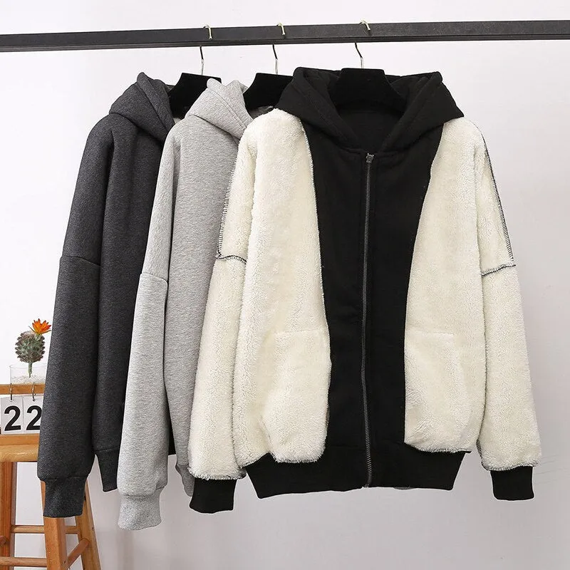 Women Winter Hoodies Coat Plush Jackets Solid Color Velvet Thick Warm Coat Zipper Sweatshirt Tops Winter Plus Size Outwear