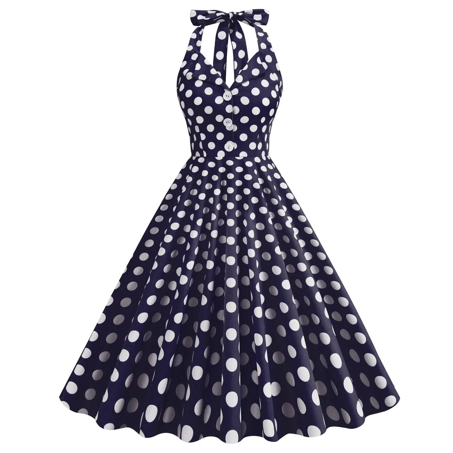 Women's 50s Halter Vintage A Line Polka Dot Cocktail Dress Prom Tea Party  Swing Dress