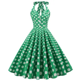 Women's 50s Halter Vintage A Line Polka Dot Cocktail Dress Prom Tea Party  Swing Dress