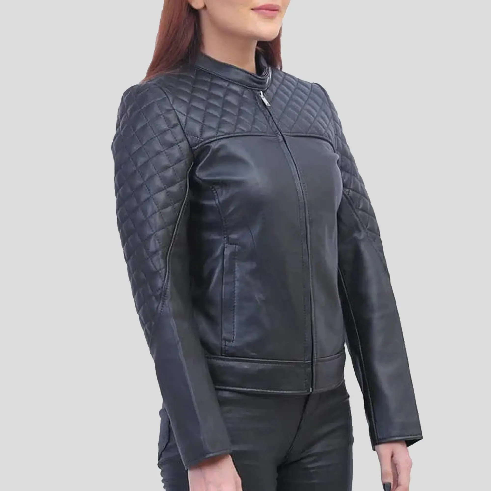 Womens Black Quilted Cafe Racer Jacket