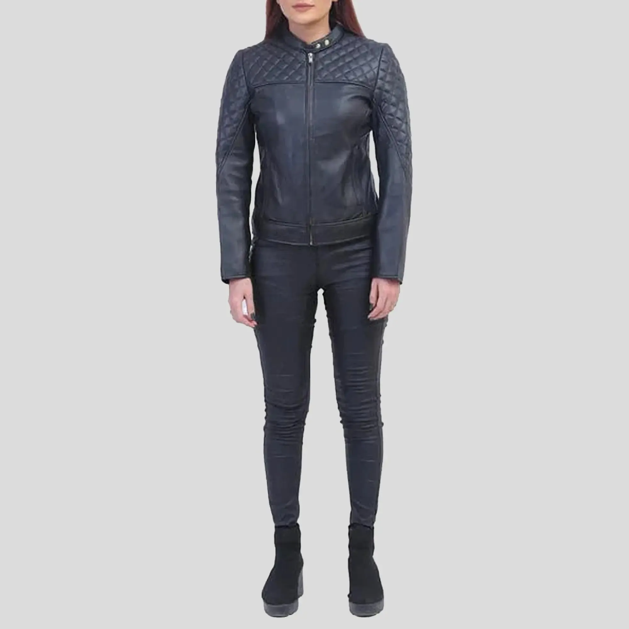 Womens Black Quilted Cafe Racer Jacket